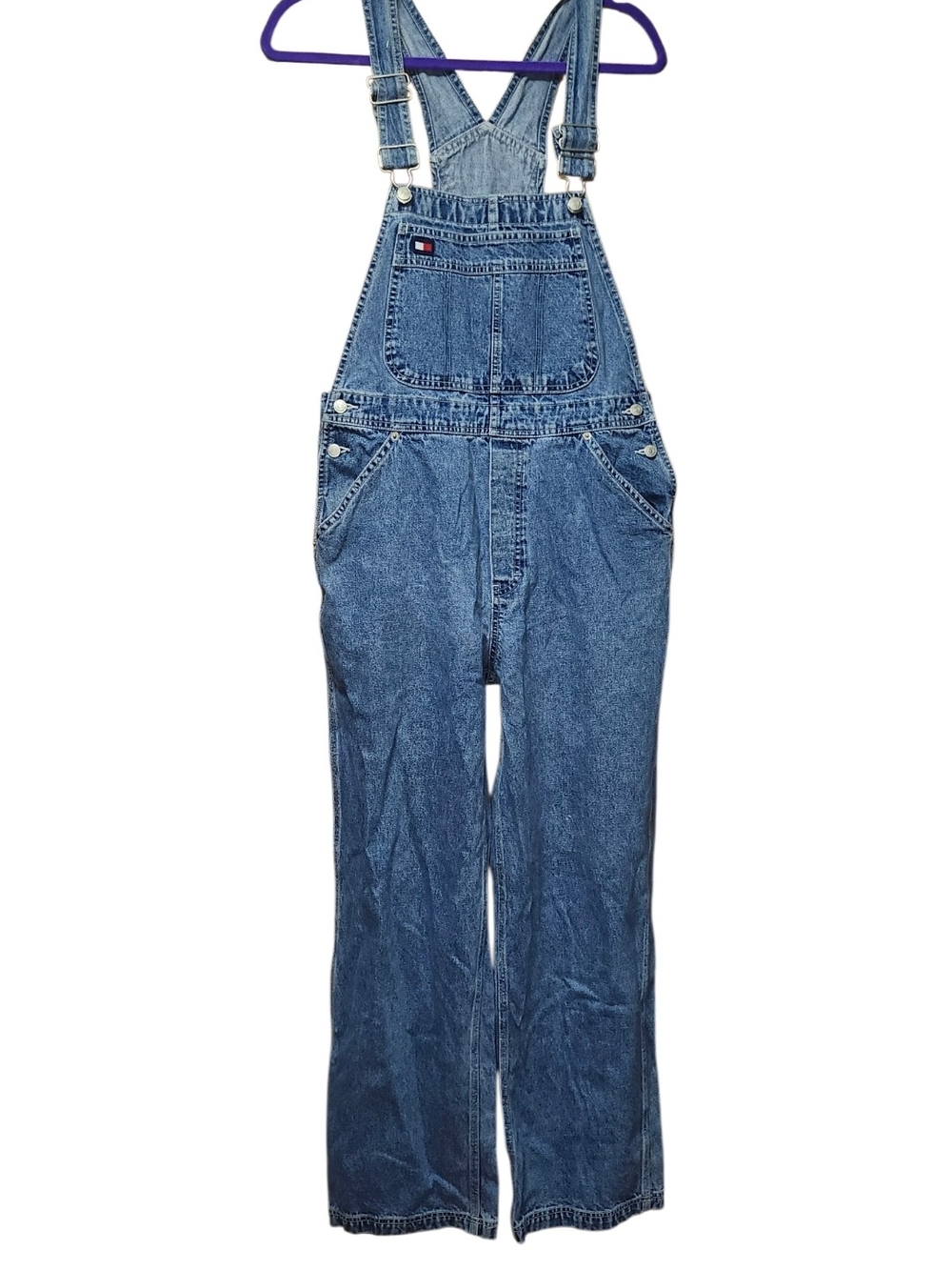 Vintage 90s Tommy Hilfiger Flag Logo Denim Overalls Size Medium Medium Wash